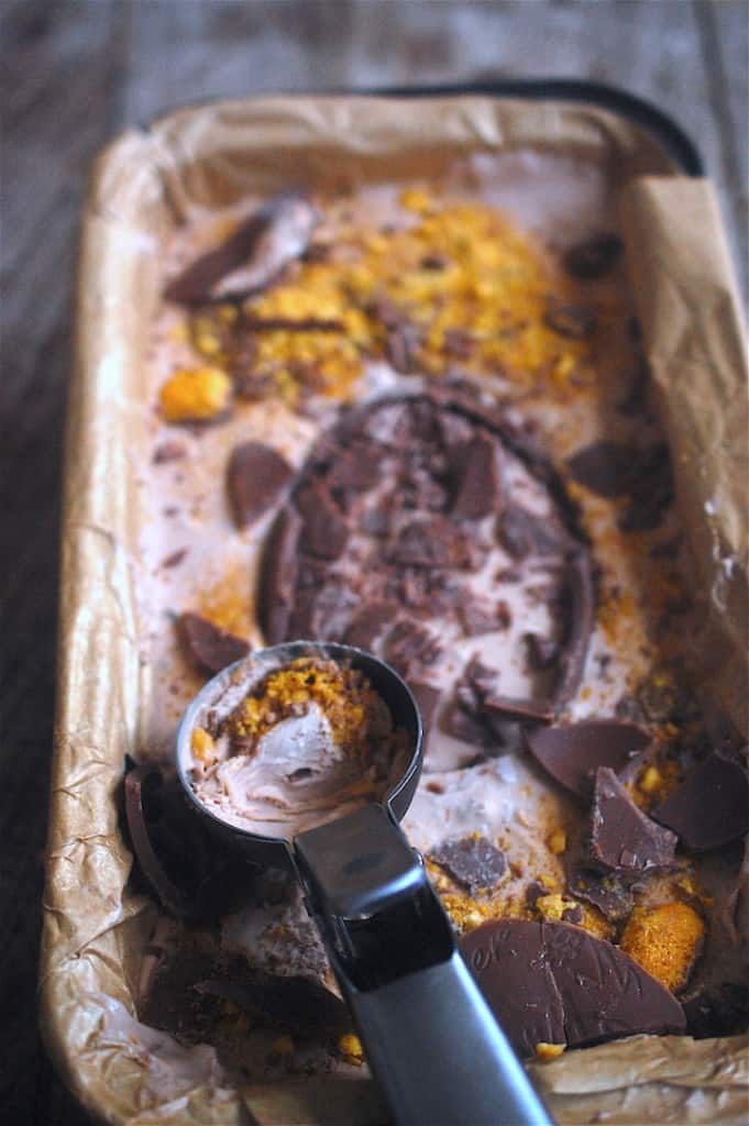Ice cream in lined loaf tin with crunchie and easter eggs on top
