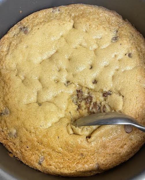 Baked cookie dough in tin