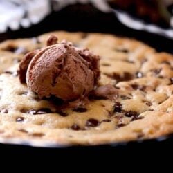 Cookie Dough in black ramekin with chocolate ice cream on top