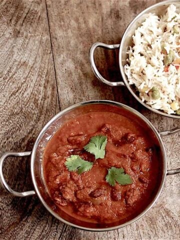 Kidney beans curry - rajma masala on table with rice