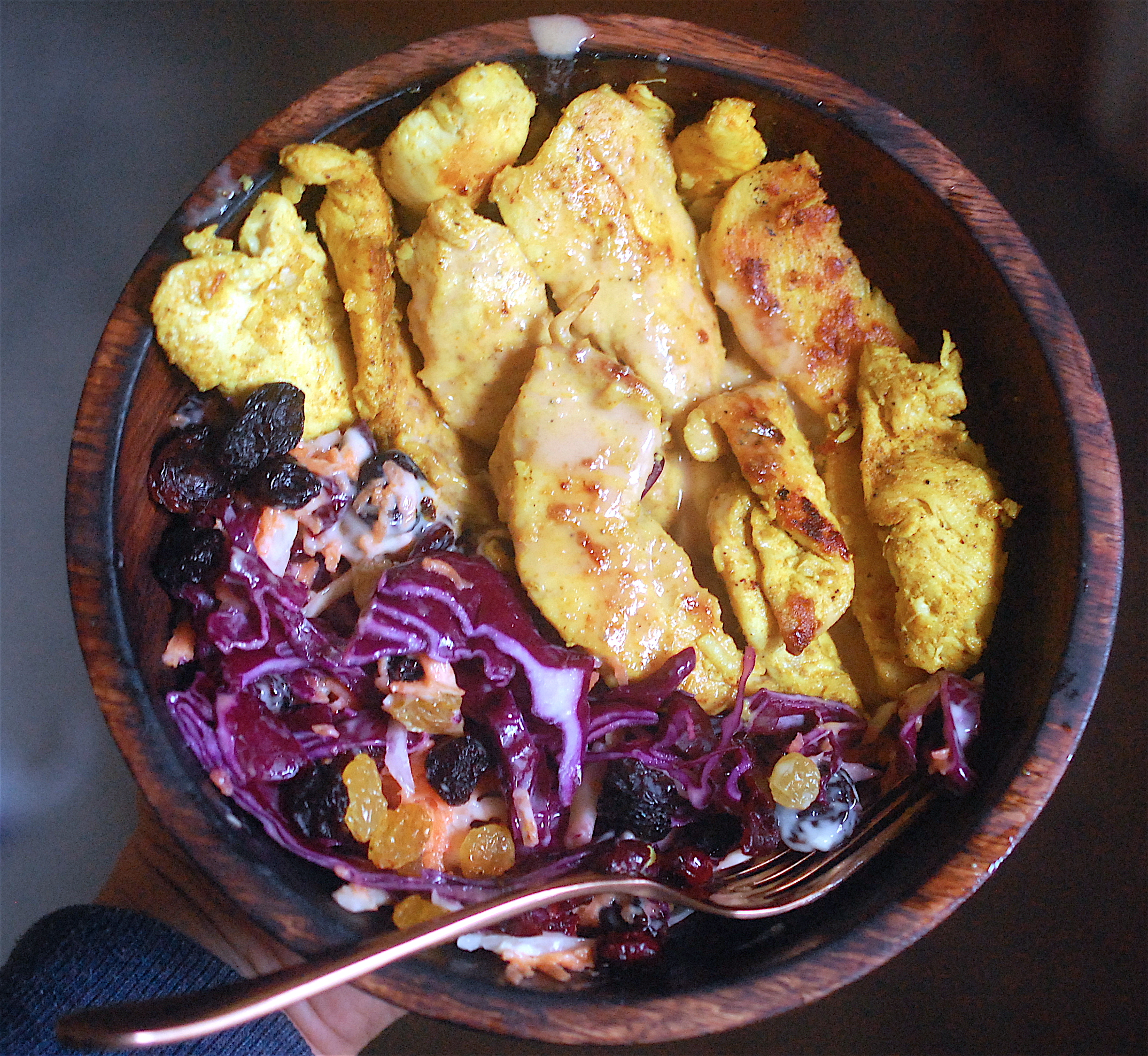  Chicken Satay Salad Bowl  with cabbage salad in wooden bowl