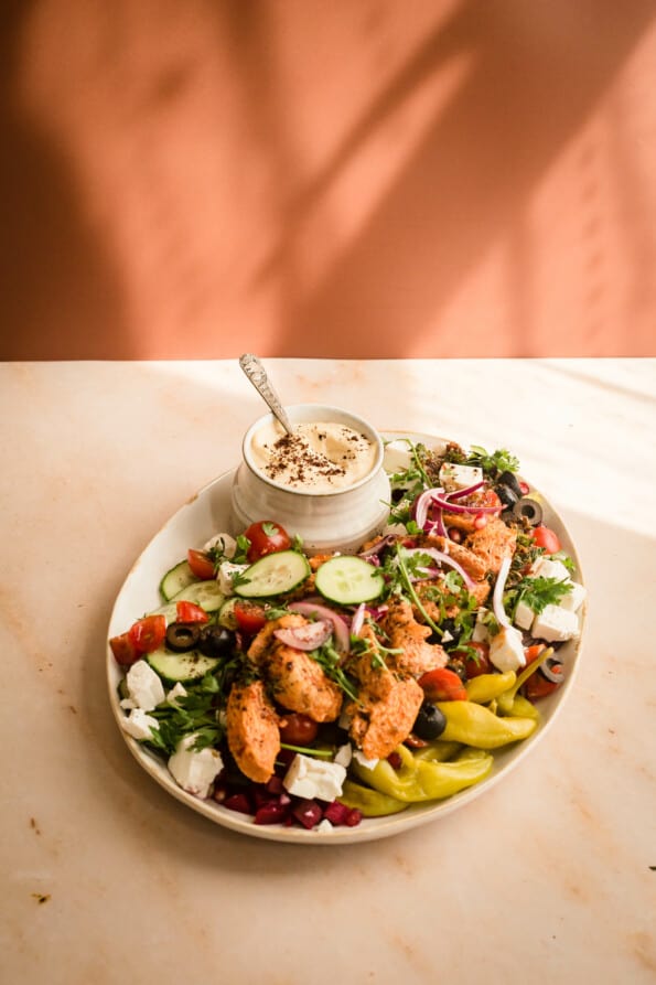 Turkish Chicken Salad with Hummus on platter