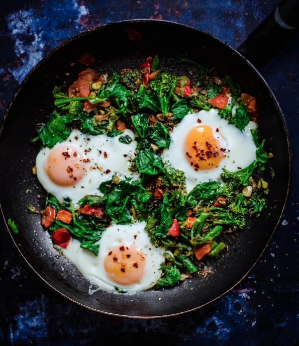 Broccoli, Spinach, Tomato and Eggs cooked in frying pan