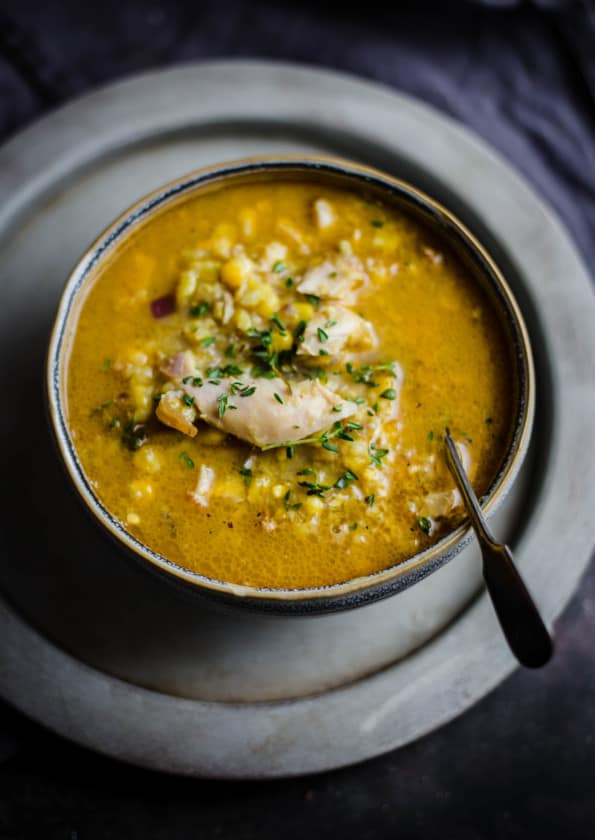 Chicken and sweetcorn soup in a bowl