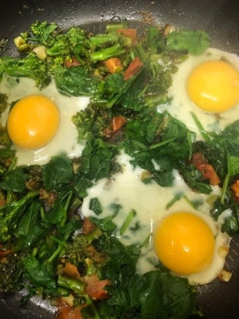 Eggs and veg in pan