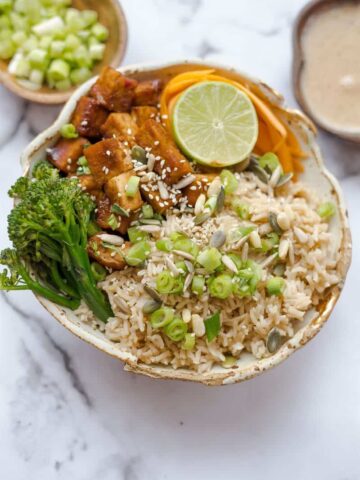 Tofu pieces with rice and veg in a bowl