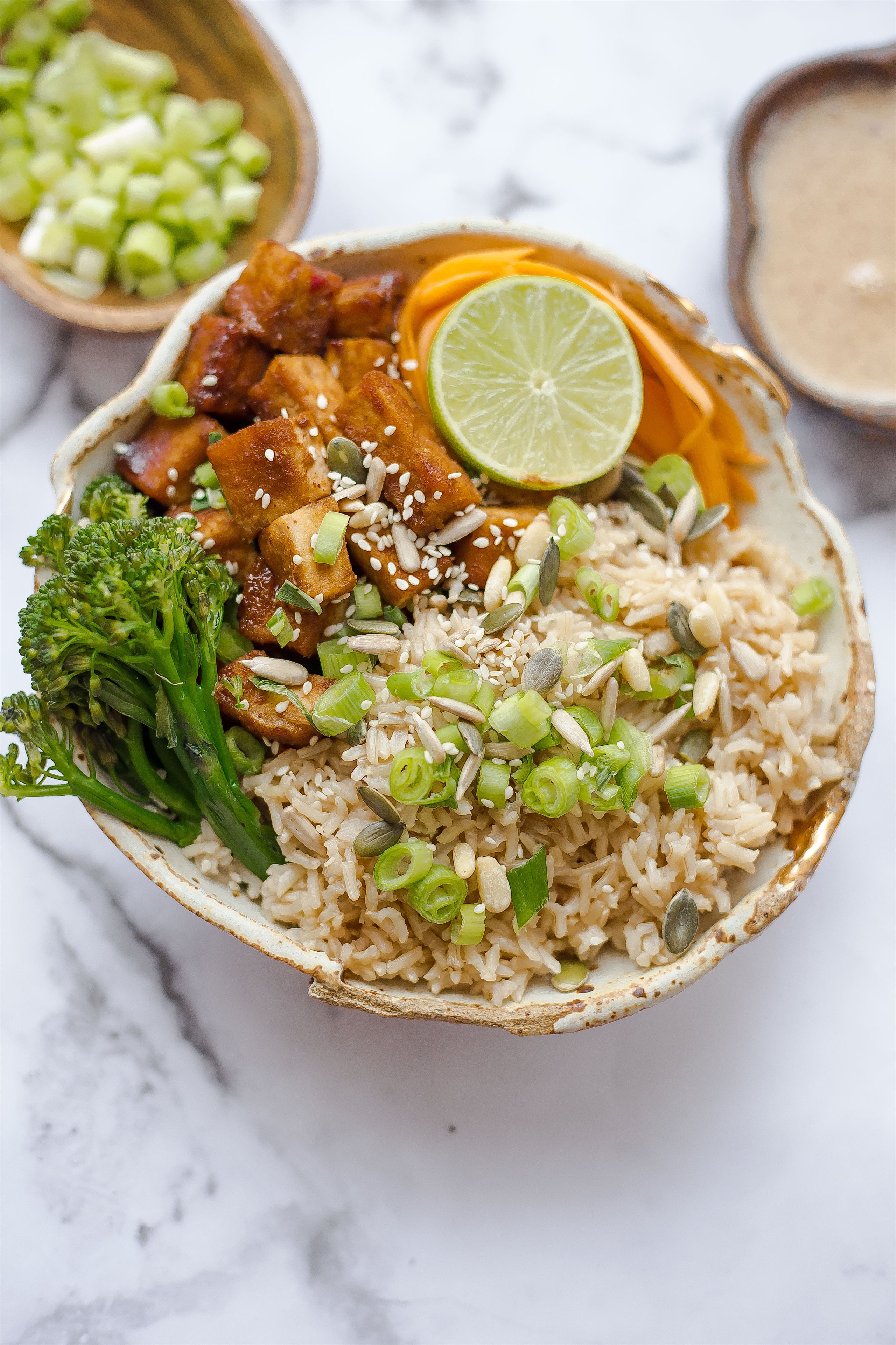 Tofu pieces with rice and veg in a bowl