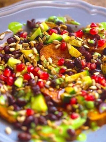 Sweet Potato slices and Black Bean Chaat on a plate