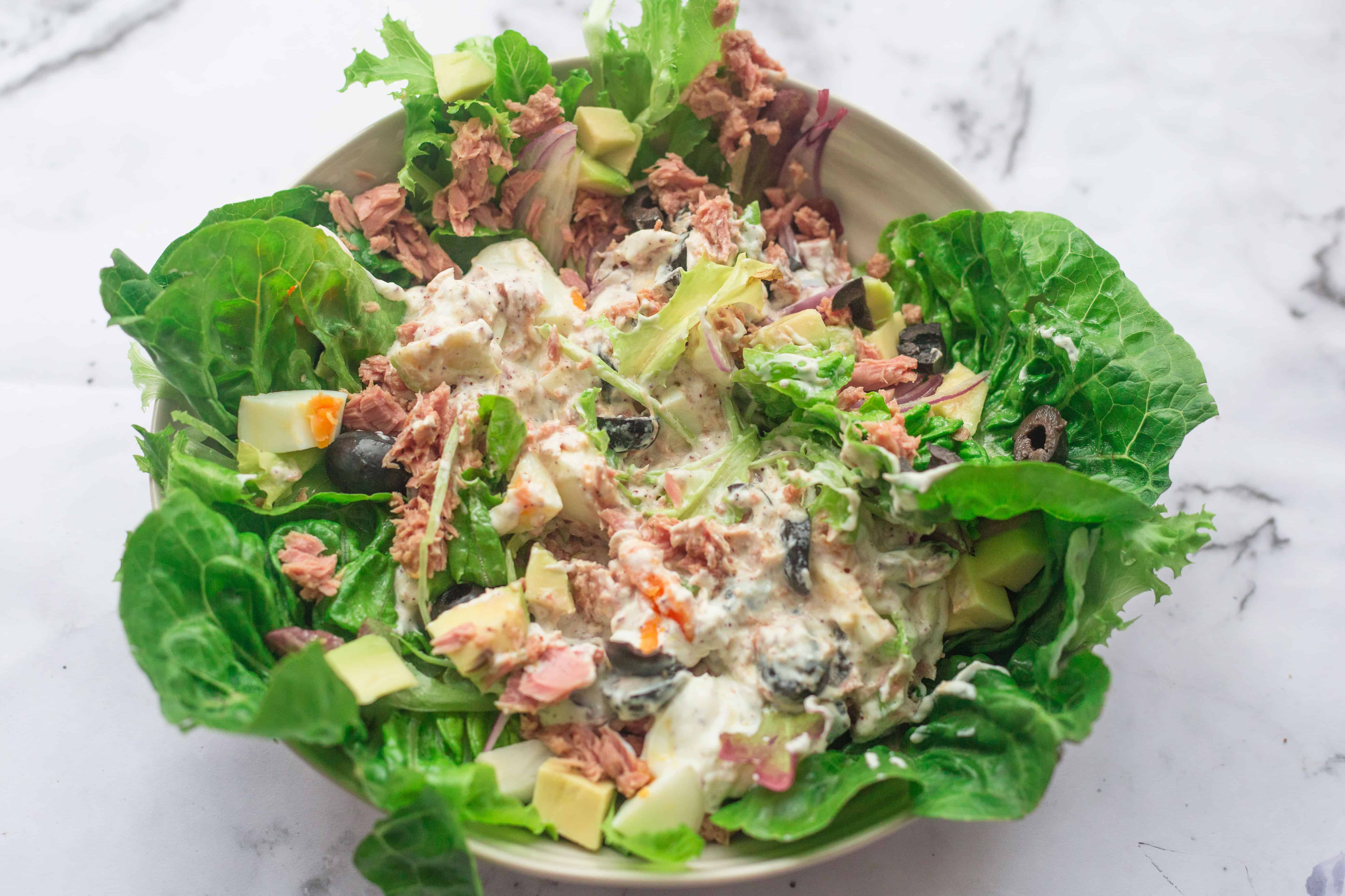 Tuna and salad with yoghurt dressing in a bowl