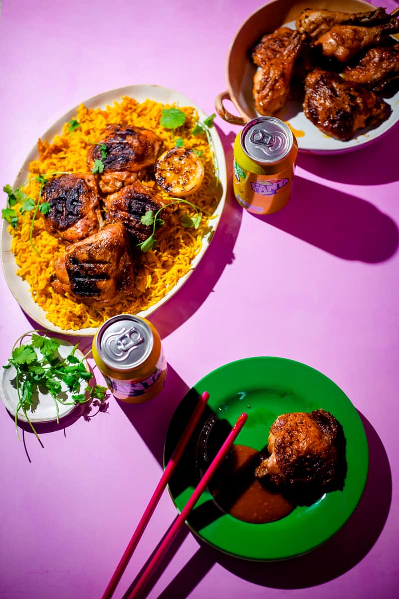 Peri chicken and rice on a table
