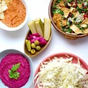 Muhammara, Pickles and Veg Platter on table