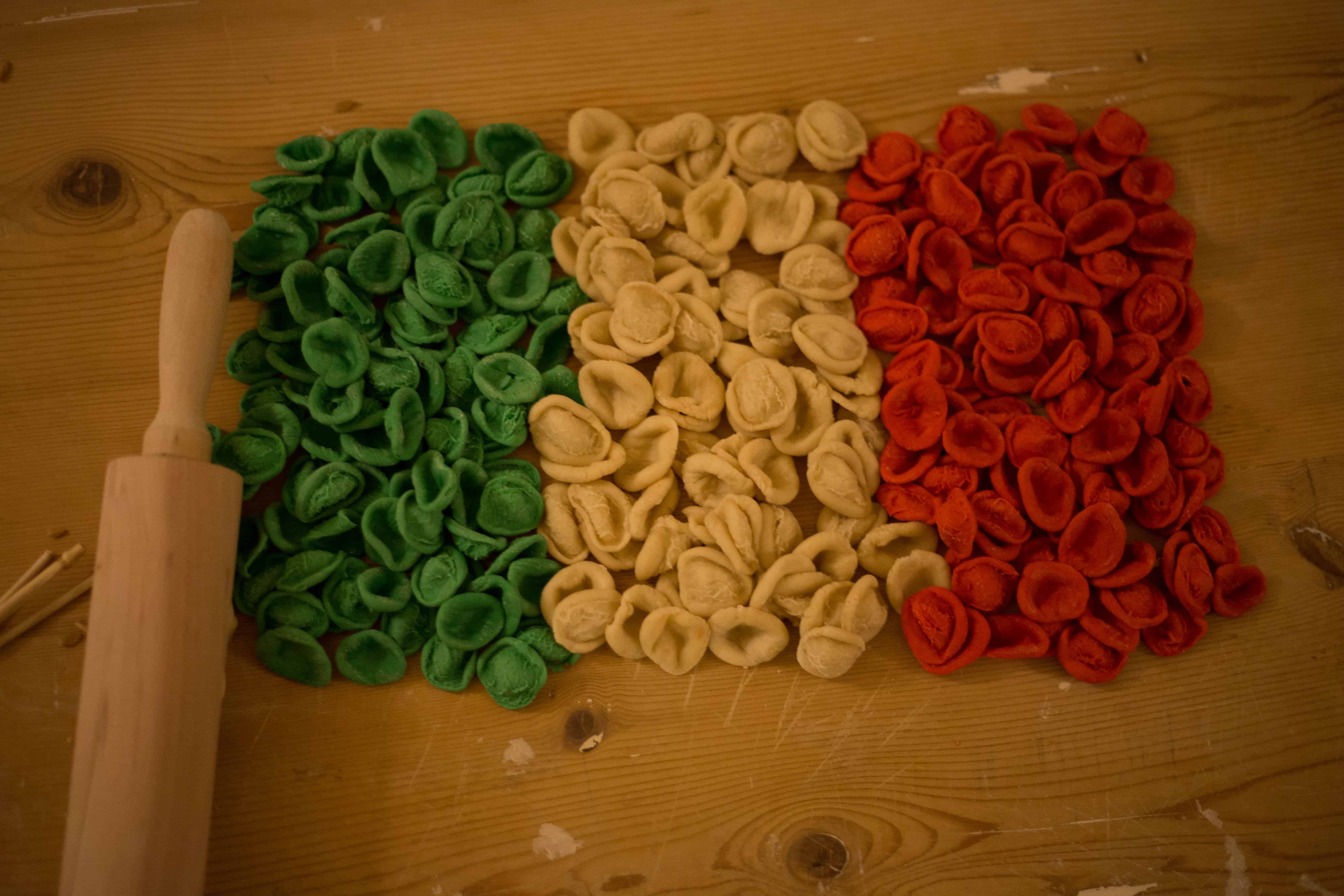 Pasta arranged in colours of italian flag