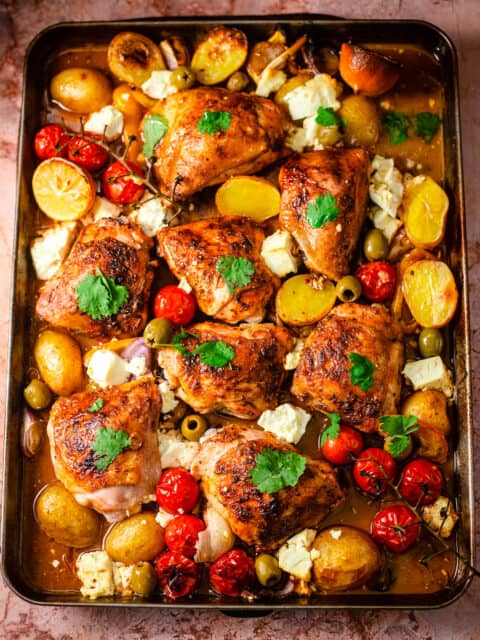 Mediterranean Chicken Traybake on table
