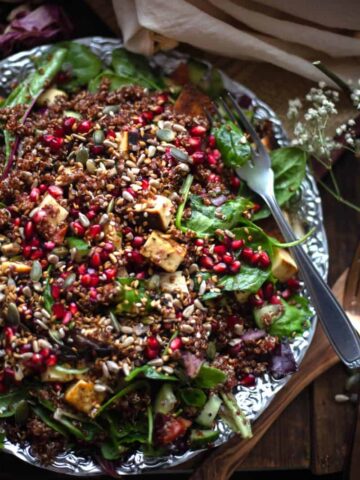 Paneer Quinoa Salad with Pomegranate and Toasted Seeds in plate with fork
