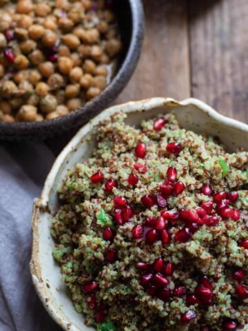 Coriander and Mint Chutney Quinoa topped with pomegranate in a bowl