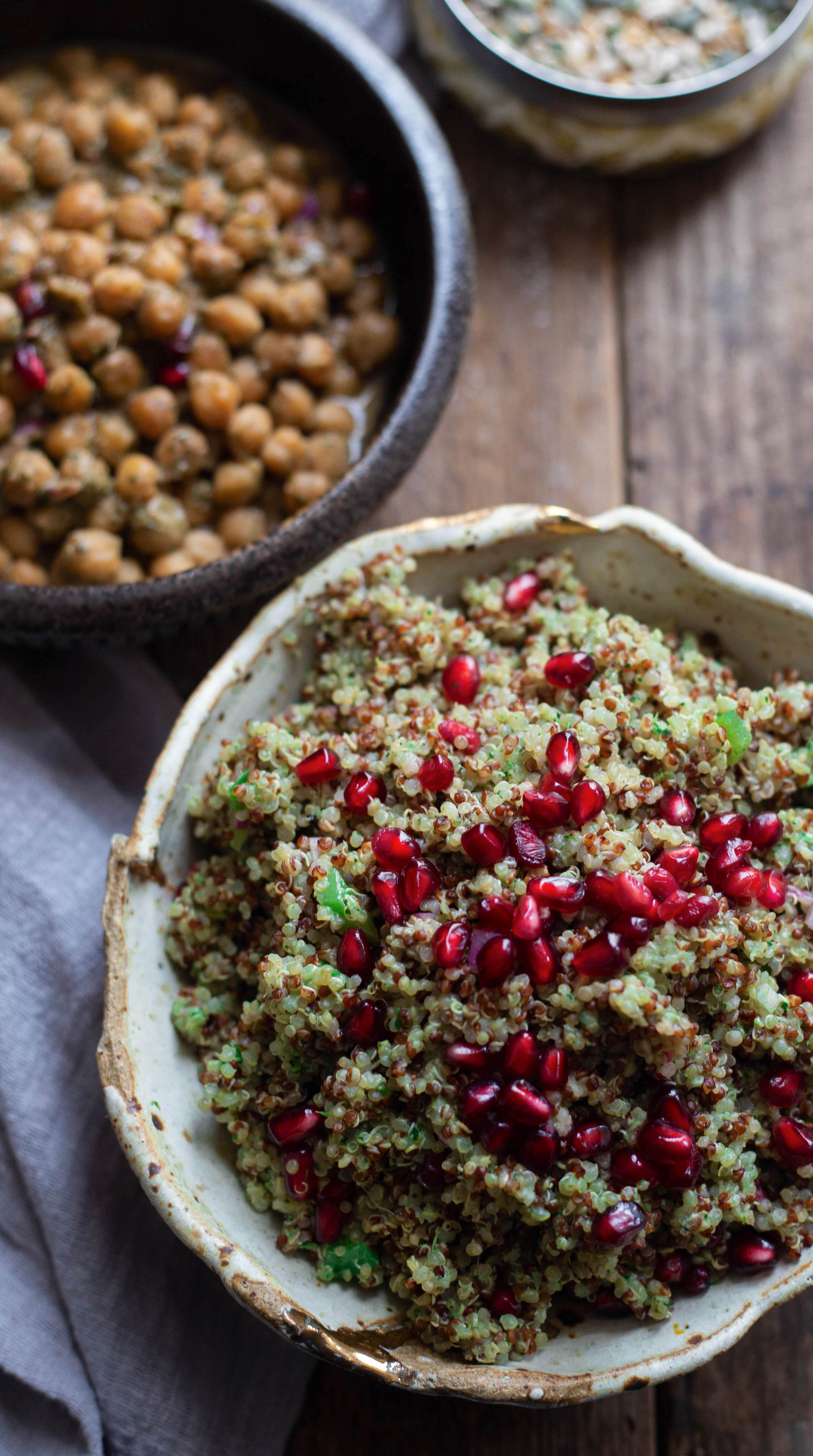 Coriander and Mint Chutney Quinoa topped with pomegranate in a bowl 