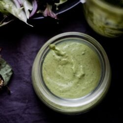 Five Minute Magic Green Avocado Chutney with salad at back
