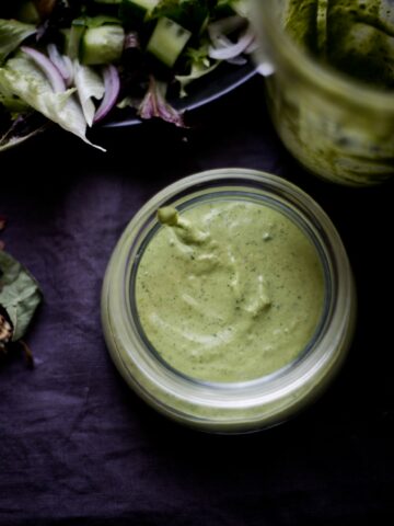 Five Minute Magic Green Avocado Chutney with salad at back