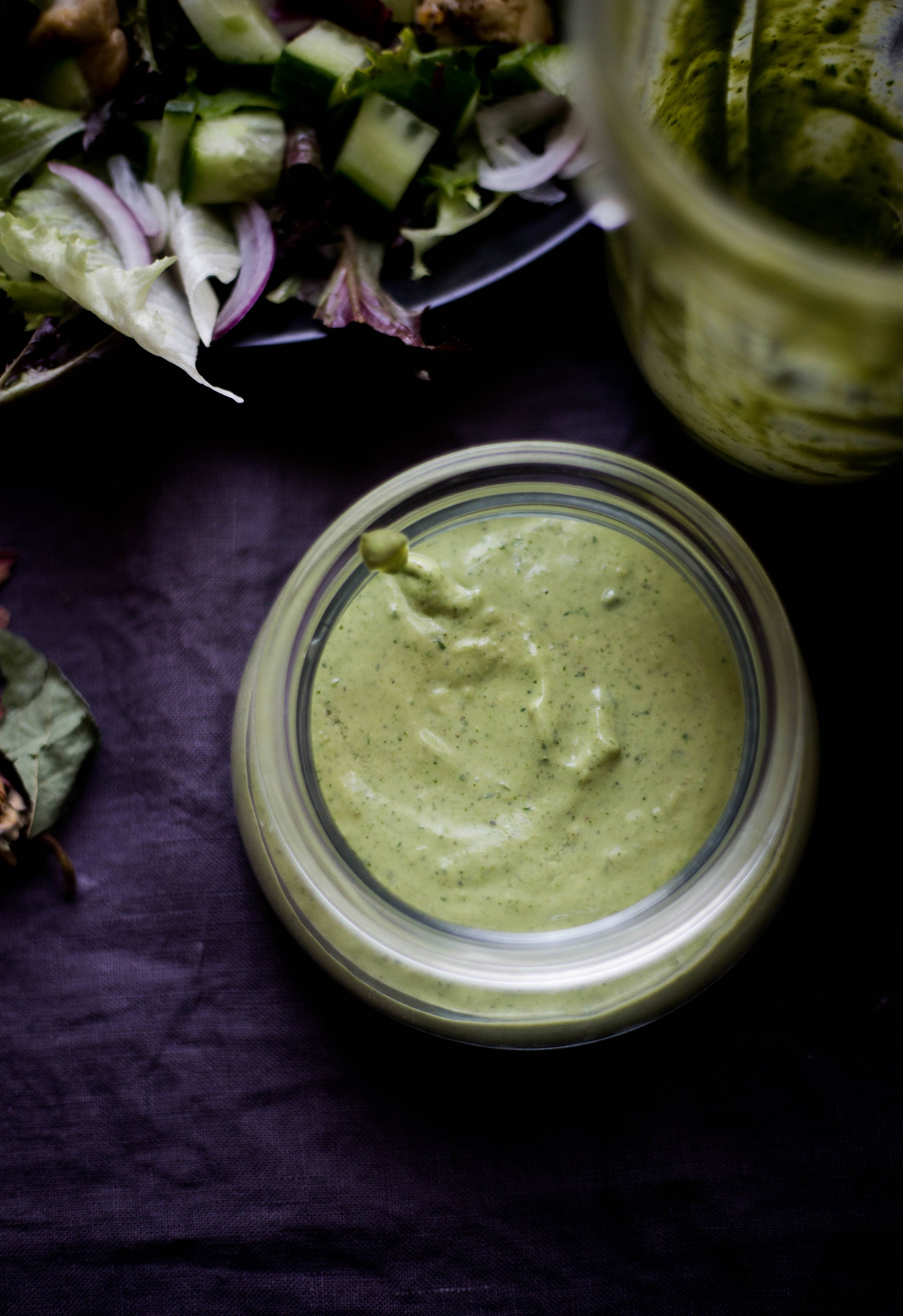 Five Minute Magic Green Avocado Chutney with salad at back 