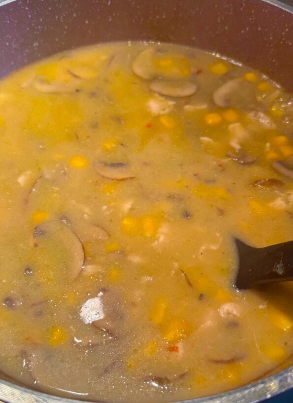 Creamy Mushroom, Chicken, Corn and Orzo Soup Mushroom Soup added to pot