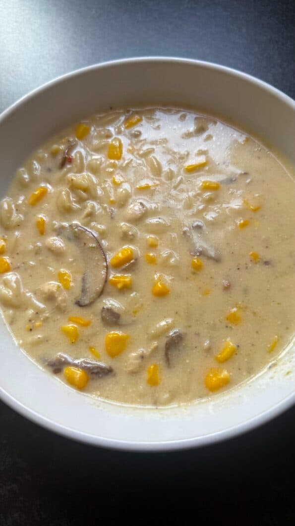 Creamy Mushroom, Chicken, Corn and Orzo Soup Soup in bowl