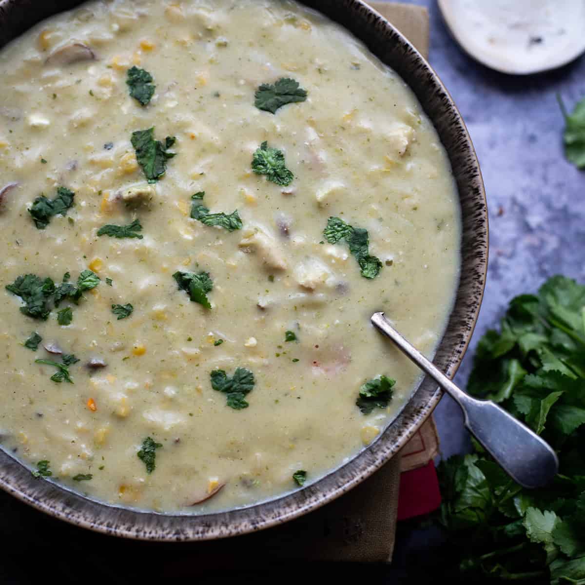 Creamy Mushroom, Chicken, Corn and Orzo Soup Chicken, corn and orzo soup in bowl