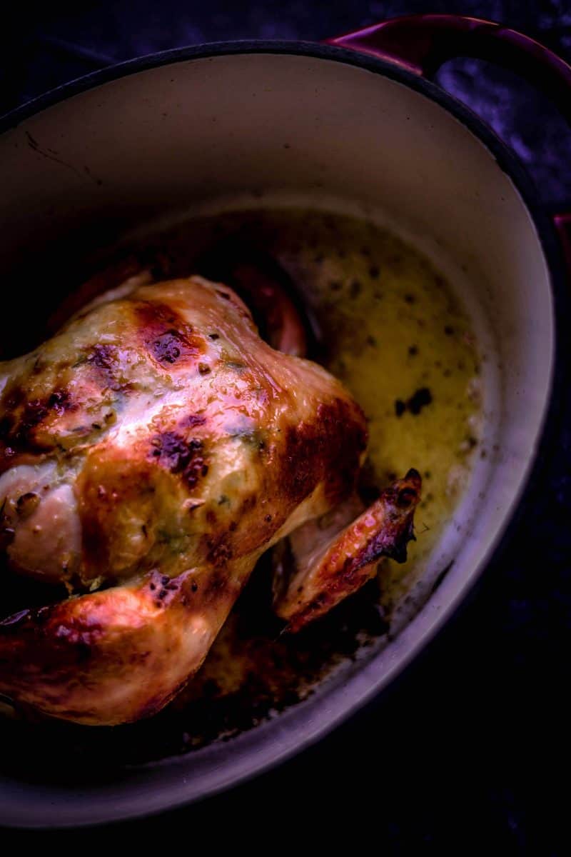 Full Roast Chicken in a roasting pot on blue background.