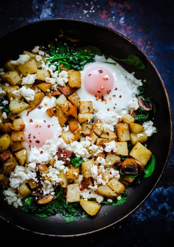 Egg, Spinach, Mushroom, Potatoes in a pan