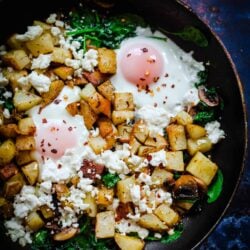 Egg, Spinach, Mushroom, Potatoes in a pan