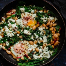 Eggs, Spinach, Butterbeans and Peppers in a dark pan