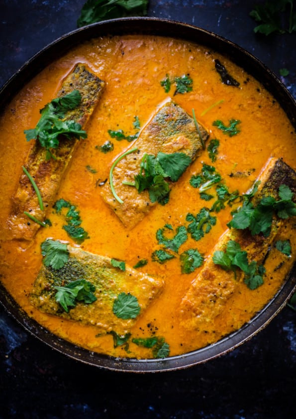 Indian Salmon Fish in a pan with Coriander