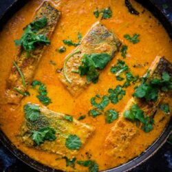 Indian Salmon Fish in a pan with Coriander