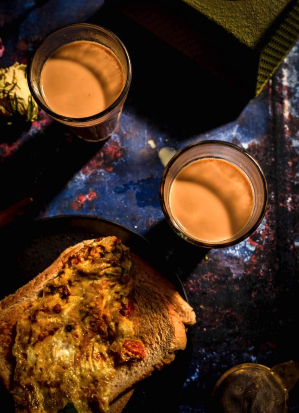 2 cups of chai with masala omelette on toast