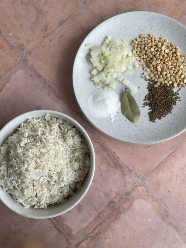 Rice ingredients on table