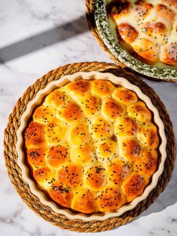 2 dishes of honeycomb bread on table