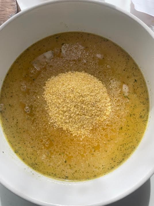 Bulgur Wheat and Veg stock in a bowl