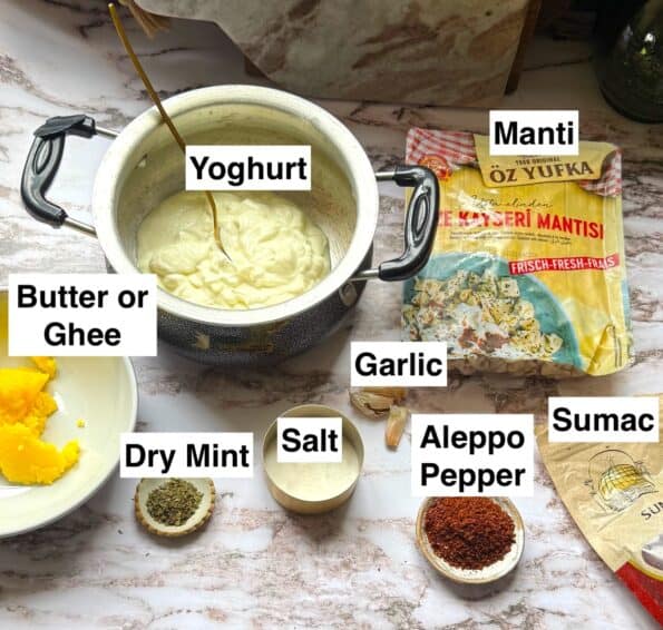 Cheat's Turkish Manti (Easy Turkish Dumplings) Manti ingredients on table