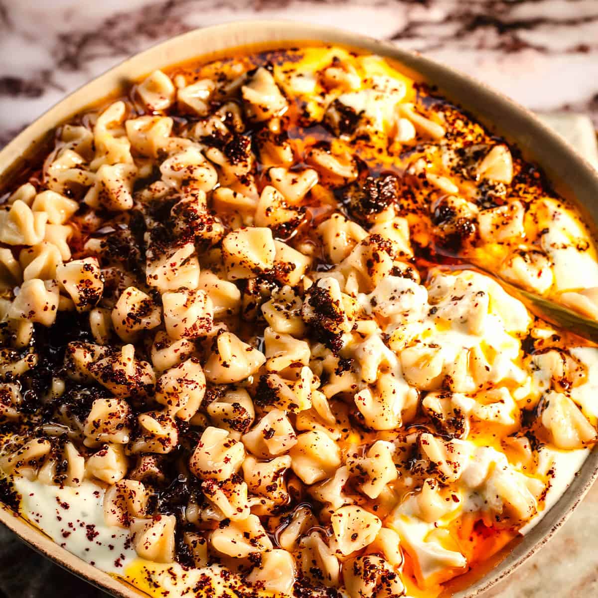 Cheat's Turkish Manti (Easy Turkish Dumplings) Manti in dish