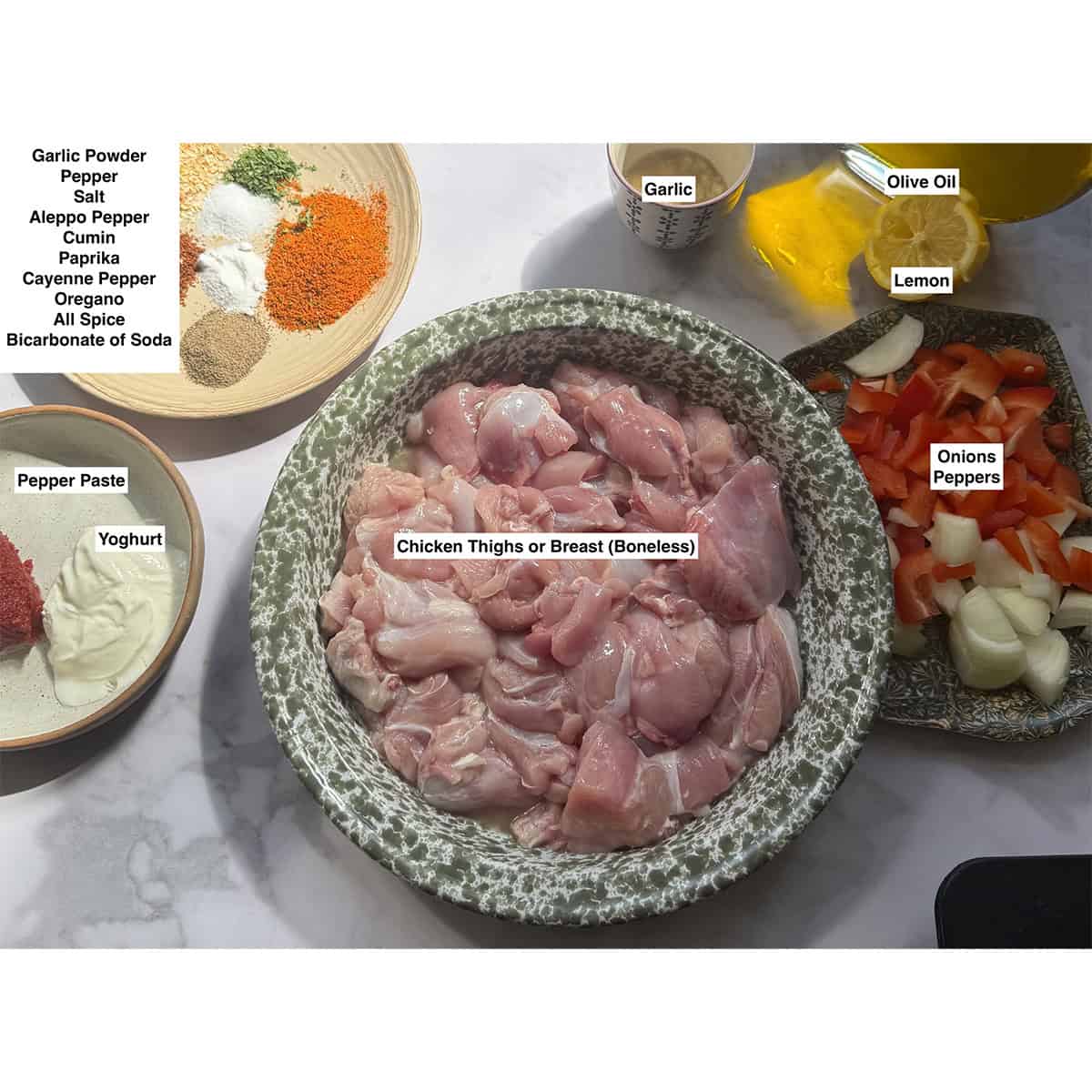Tavuk Sis - Turkish Chicken Shish Kebab Ingredients on a table