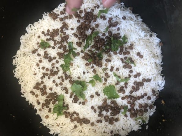 Coriander and mint being sprinkled over rice layer