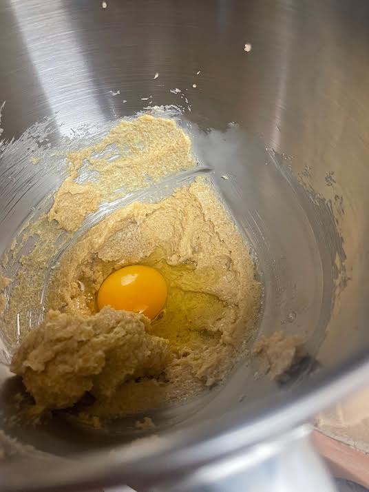 Batter with Egg in bowl of stand mixer