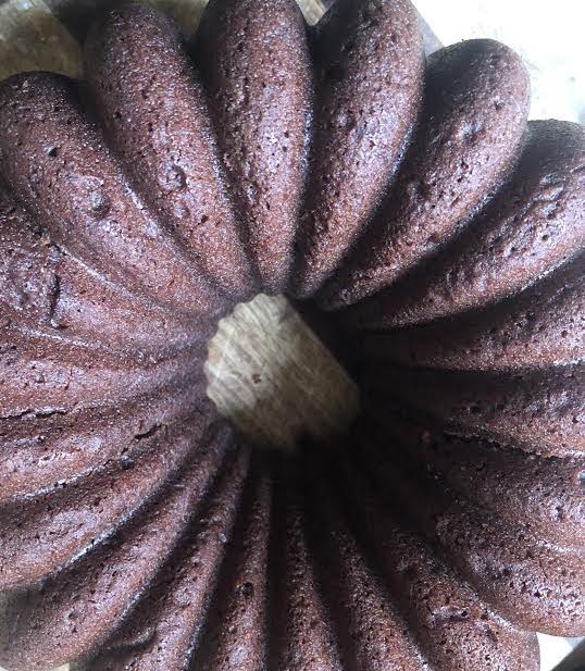 Chocolate cake inverted out of tin