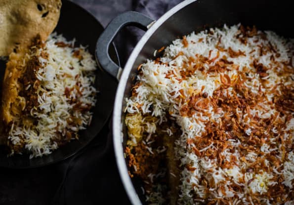 Keema Rice in large pot with a portion in bowl to side