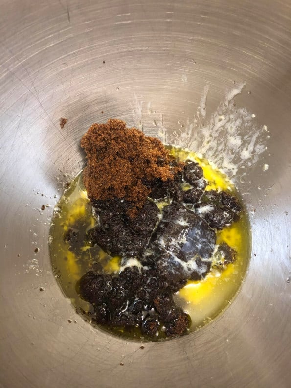 Melted Butter and Dark Muscovado Sugar in bowl of stand mixer