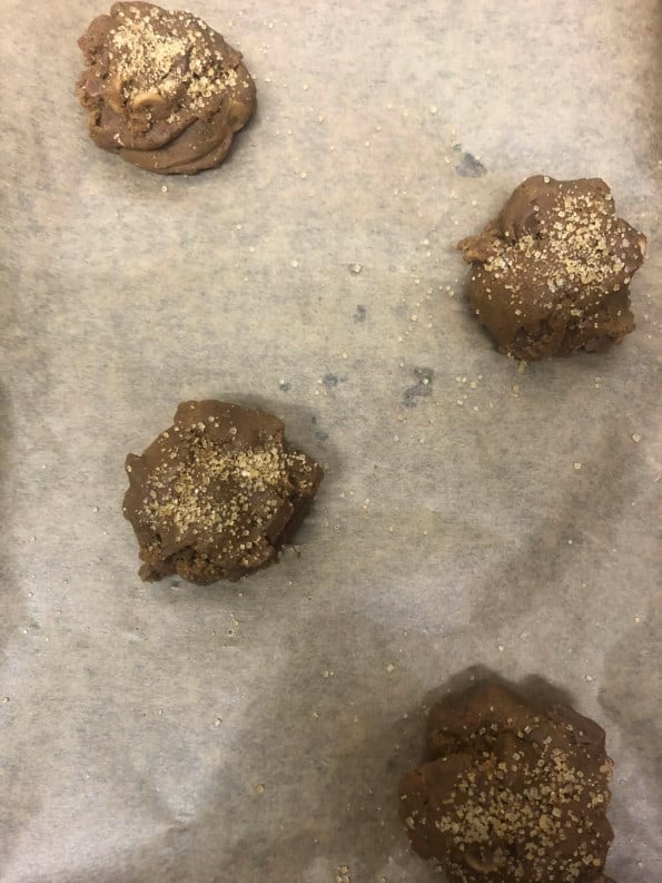 Demerara sugar sprinkled on top of cookie dough balls