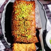 Pistachio loaf cake on a platter