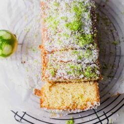 Lime and coconut loaf with slices cut out
