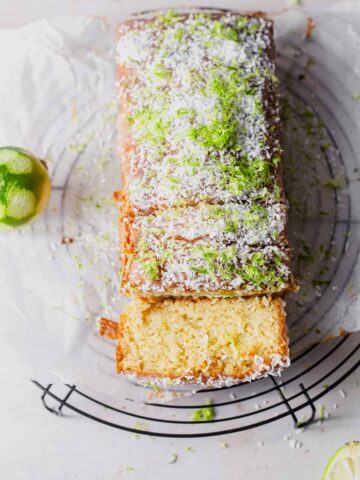 Lime and coconut loaf with slices cut out