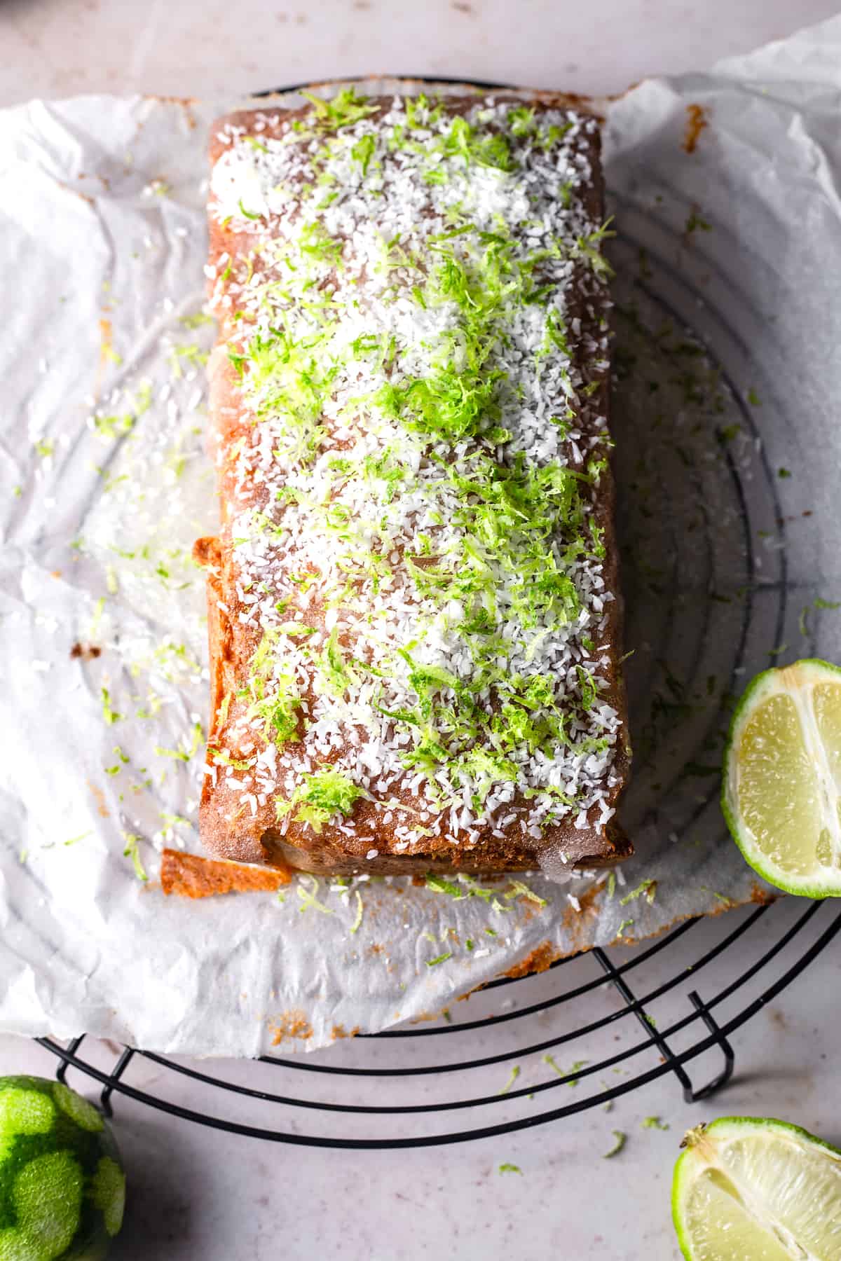 Lime and Coconut Loaf cake on wire rack
