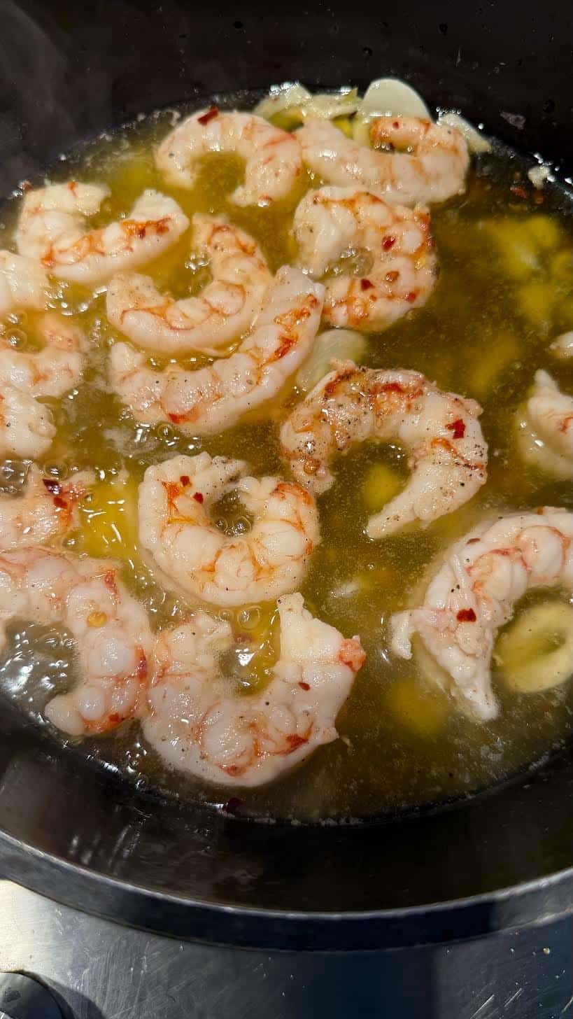 Spanish Gambas Pil Pil - Shrimp with Garlic Chilli Oil Prawns added to oil